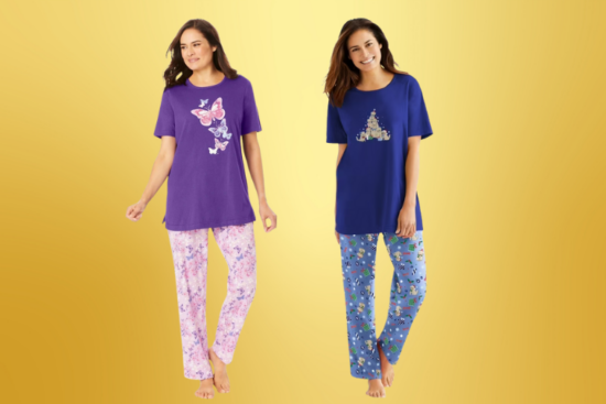 Two women in pajama sets. One wears a purple butterfly top with pink floral pants, and the other wears a blue top with a Christmas tree design and matching blue printed pants.