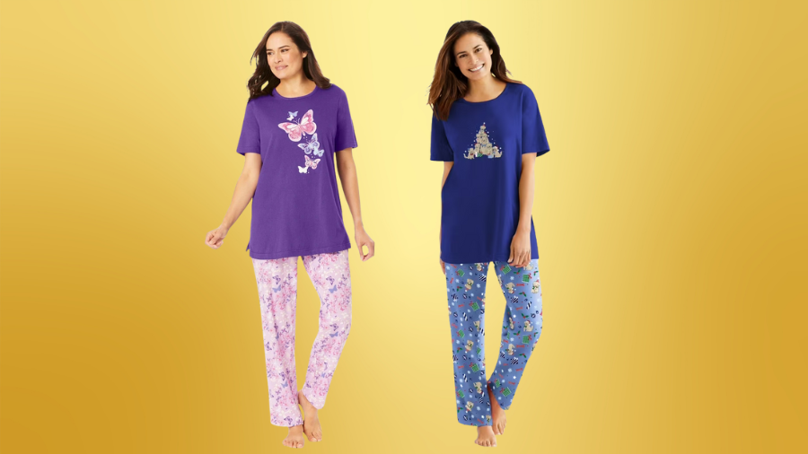 Two women in pajama sets. One wears a purple butterfly top with pink floral pants, and the other wears a blue top with a Christmas tree design and matching blue printed pants.