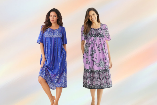 Two women wearing knee-length dresses with prints. One wears a blue dress with white patterns, and the other wears a purple dress with black and white floral designs.