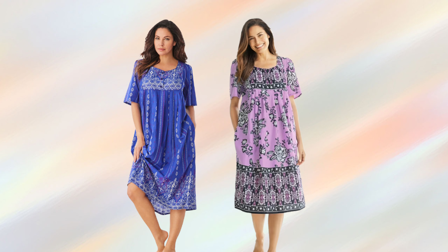 Two women wearing knee-length dresses with prints. One wears a blue dress with white patterns, and the other wears a purple dress with black and white floral designs.