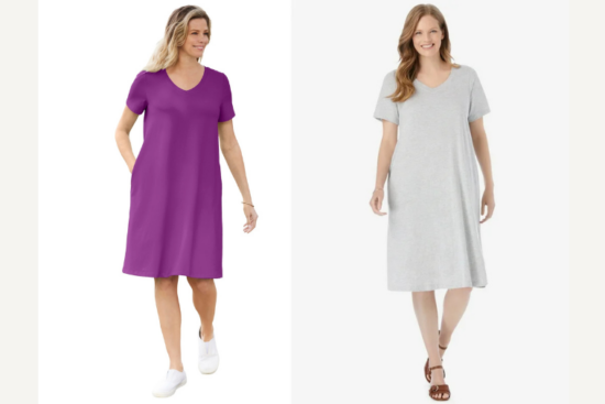 Two women wearing simple knee-length dresses. One wears a purple dress with short sleeves, and the other wears a light gray dress with short sleeves.