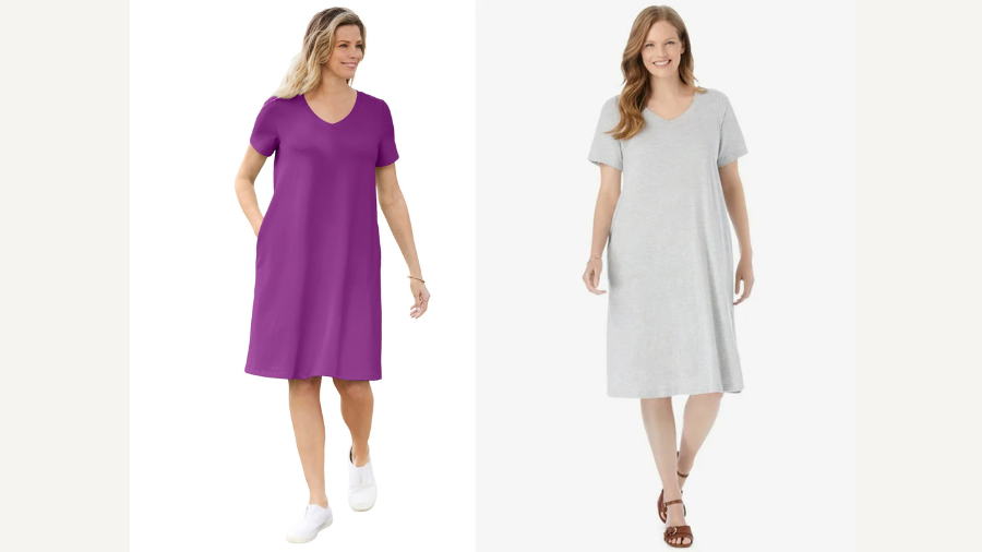 Two women wearing simple knee-length dresses. One wears a purple dress with short sleeves, and the other wears a light gray dress with short sleeves.