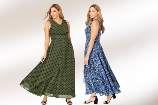 Two women wearing sleeveless maxi dresses. One wears an olive green dress with black polka dots, and the other wears a blue dress with a paisley pattern, both paired with black heels.