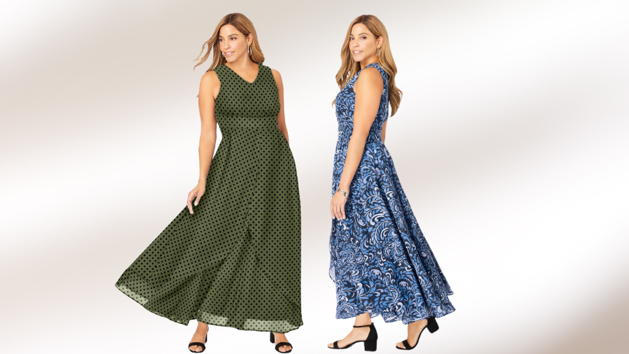 Two women wearing sleeveless maxi dresses. One wears an olive green dress with black polka dots, and the other wears a blue dress with a paisley pattern, both paired with black heels.
