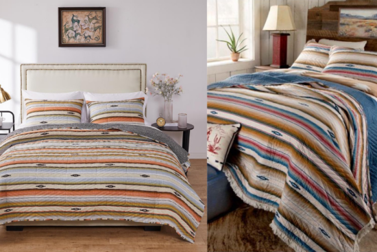 Two cozy bedrooms featuring striped bedding with warm tones and Southwestern patterns, styled with rustic decor and natural lighting.