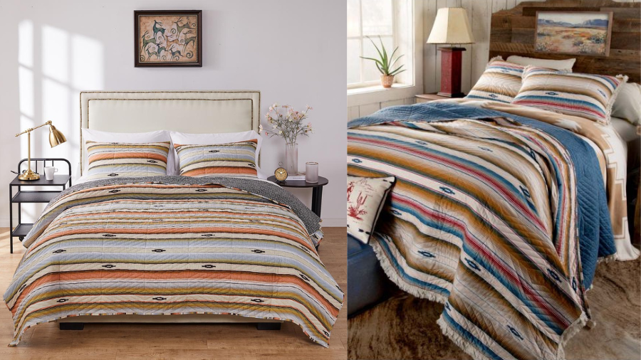 Two cozy bedrooms featuring striped bedding with warm tones and Southwestern patterns, styled with rustic decor and natural lighting.