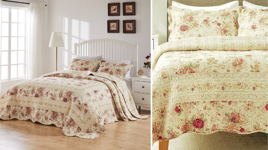 A charming bedroom featuring a floral quilt set in soft pastel tones, styled with a white bed frame and natural light.