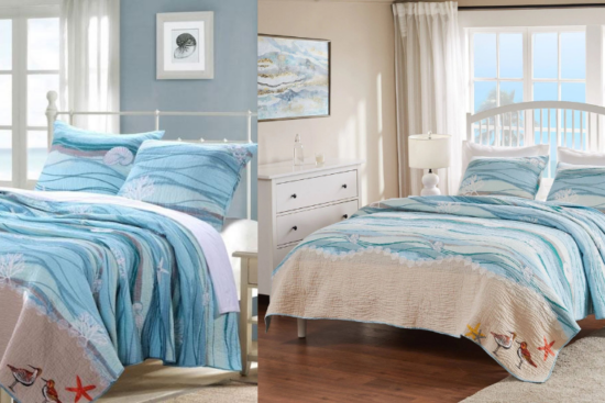 Two coastal-themed bedrooms featuring blue and beige quilt sets with seashell and starfish patterns, styled with white furniture and natural light.