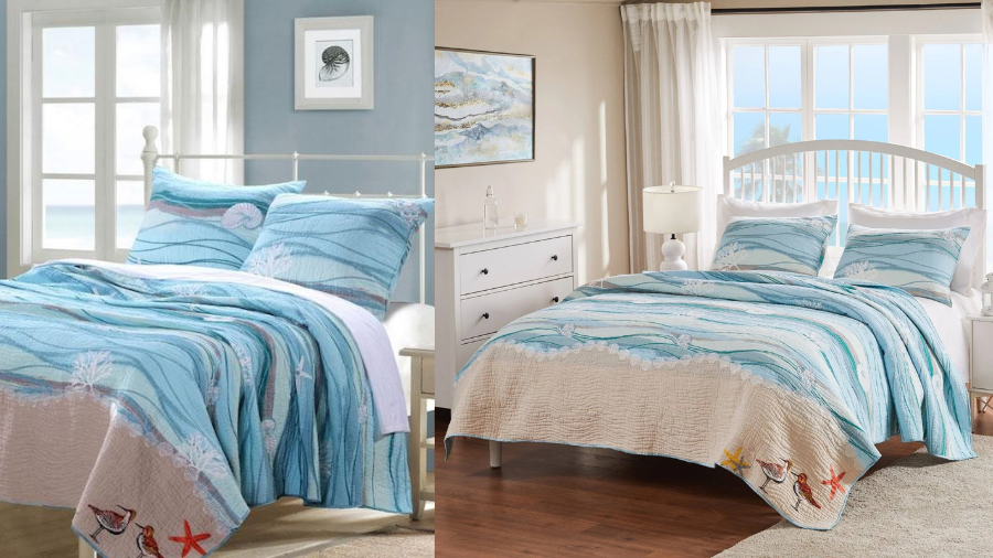 Two coastal-themed bedrooms featuring blue and beige quilt sets with seashell and starfish patterns, styled with white furniture and natural light.