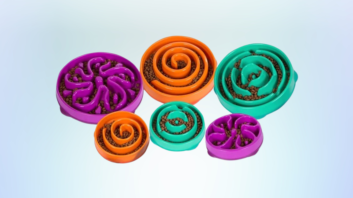 A set of colorful slow feeder dog bowls in purple, orange, and green, filled with kibble, displayed against a light gradient background.