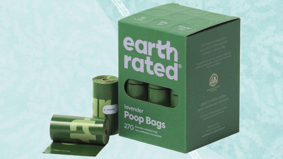 A box of Earth Rated lavender-scented poop bags, with multiple green rolls displayed against a light blue background.