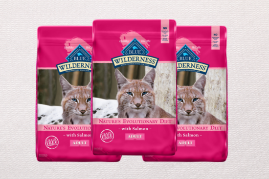 Three bags of Blue Wilderness Adult Cat Food with salmon, featuring a bold pink design and a wild cat image, displayed against a neutral textured background.
