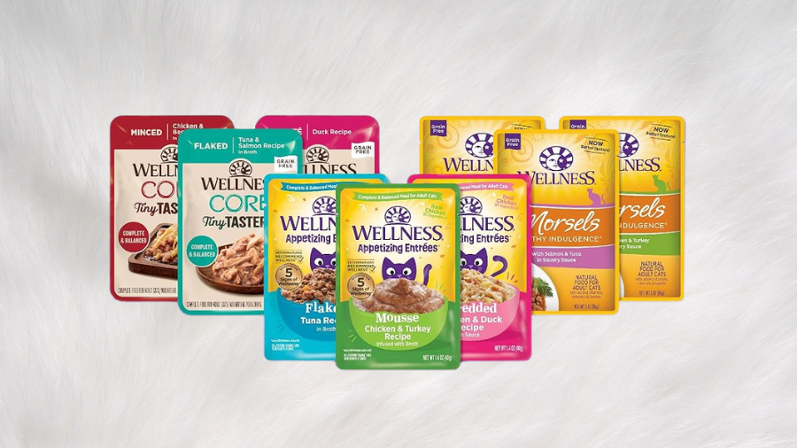 An assortment of Wellness cat food pouches, including CORE, Appetizing Entrées, and Morsels varieties, displayed against a soft white fur background.
