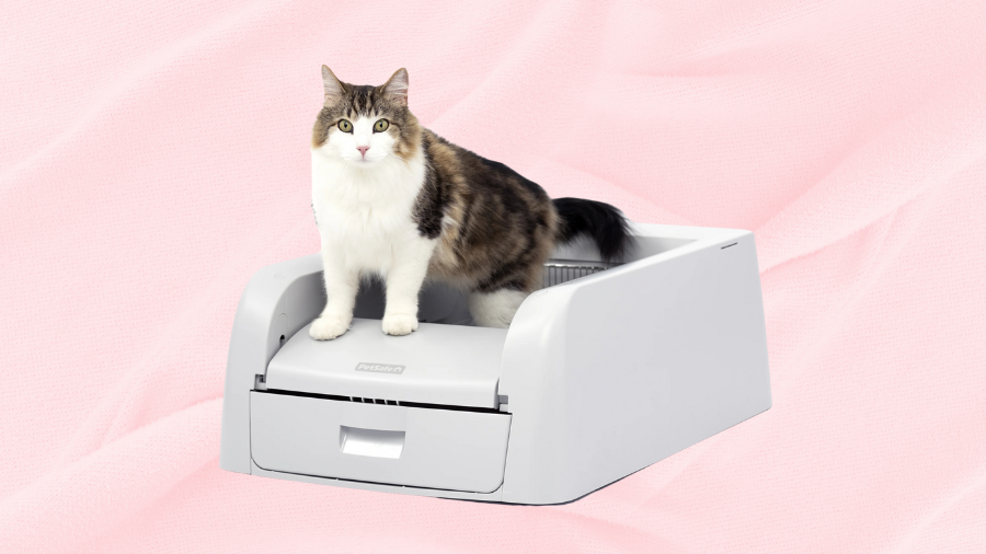 A fluffy cat sitting on a self-cleaning litter box, displayed against a soft pink fabric background.