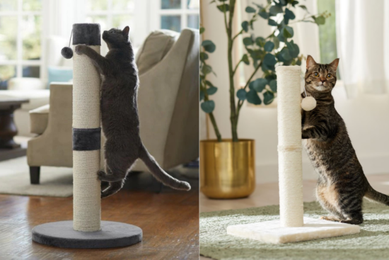 Two cats using scratching posts with sisal-wrapped surfaces and attached toys, set in cozy indoor spaces with natural lighting.