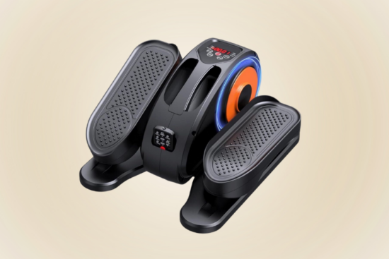 A compact under-desk elliptical machine with digital display, resistance control, and sleek black design, ideal for low-impact workouts while sitting.