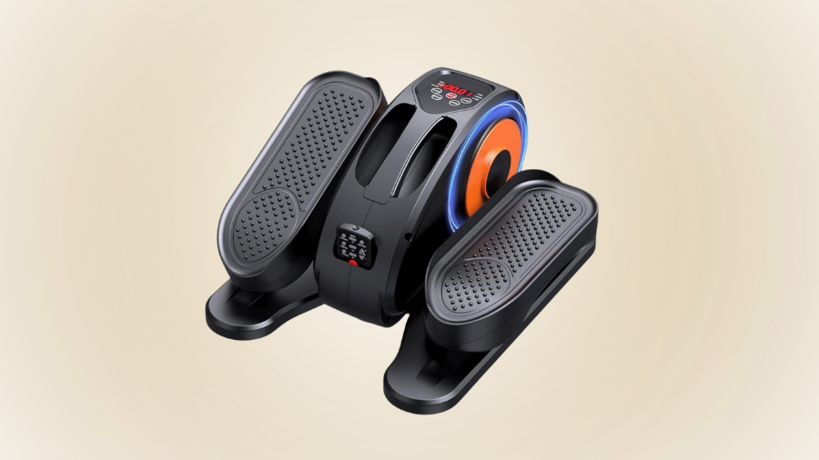 A compact under-desk elliptical machine with digital display, resistance control, and sleek black design, ideal for low-impact workouts while sitting.