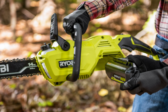 A Ryobi 40V cordless chainsaw with a 14-inch bar, designed for efficient cutting. Features battery-powered operation, ergonomic handle, and tool-less chain tensioning for ease of use.