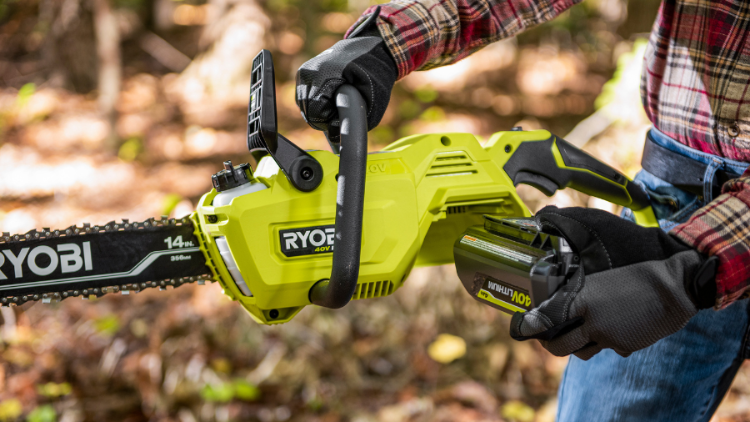 A Ryobi 40V cordless chainsaw with a 14-inch bar, designed for efficient cutting. Features battery-powered operation, ergonomic handle, and tool-less chain tensioning for ease of use.