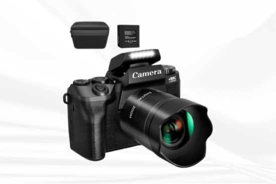 A 4K digital camera with a zoom lens, external flash, battery, and carrying case, displayed against a white fabric background.