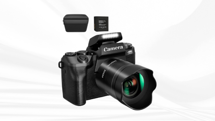 A 4K digital camera with a zoom lens, external flash, battery, and carrying case, displayed against a white fabric background.