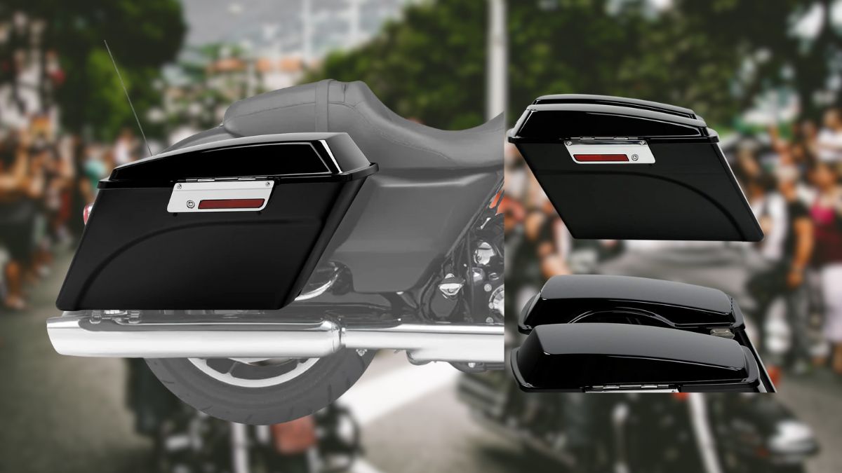 XFMT Motorcycle Saddlebags are shown attached to a bike, featuring a sleek black design with chrome accents.