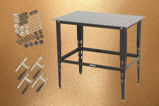 The Klutch Steel Welding Table is shown with a 24-piece fit-up kit, featuring a sturdy metal frame and a perforated work surface.