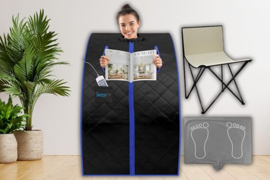 The SereneLife Portable Sauna with a foldable chair and heated foot pad offers a compact and relaxing home spa experience.