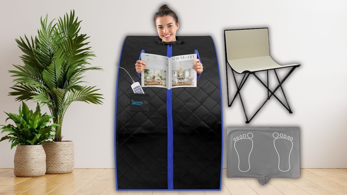 The SereneLife Portable Sauna with a foldable chair and heated foot pad offers a compact and relaxing home spa experience.
