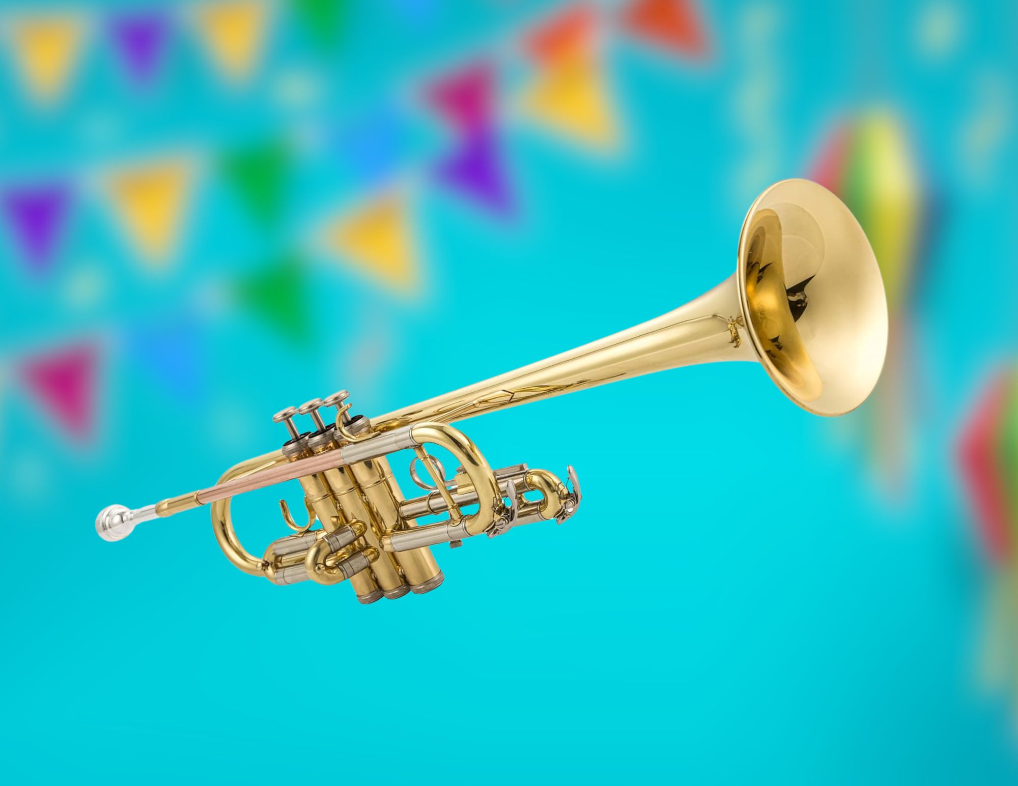 The Singer's Day SDTR-4315C C Tune Trumpet displayed against a vibrant background, highlighting its polished gold finish and elegant design.