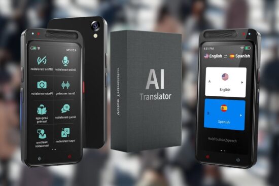 A black handheld translator with a touch screen, showing real-time translation and other helpful features for easy communication.