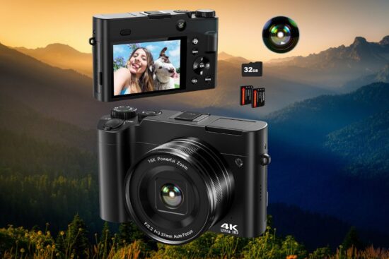 A black 4K camera with 16X zoom, a 32GB memory card, and a flip screen showing a selfie.