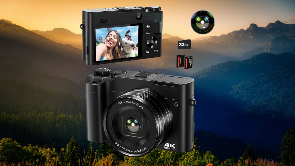 A black 4K camera with 16X zoom, a 32GB memory card, and a flip screen showing a selfie.