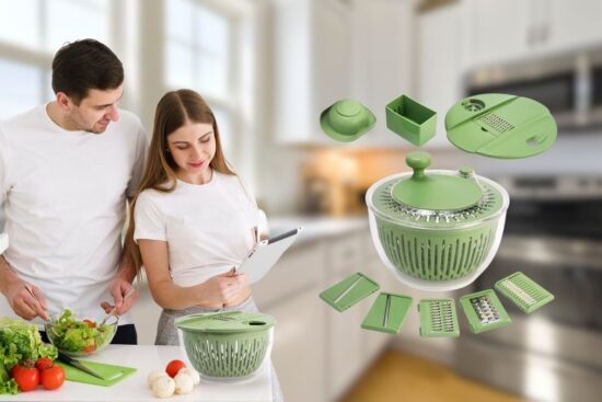 A couple in a kitchen using the SUSTEAS Salad Spinner with various parts like blades and containers around it.