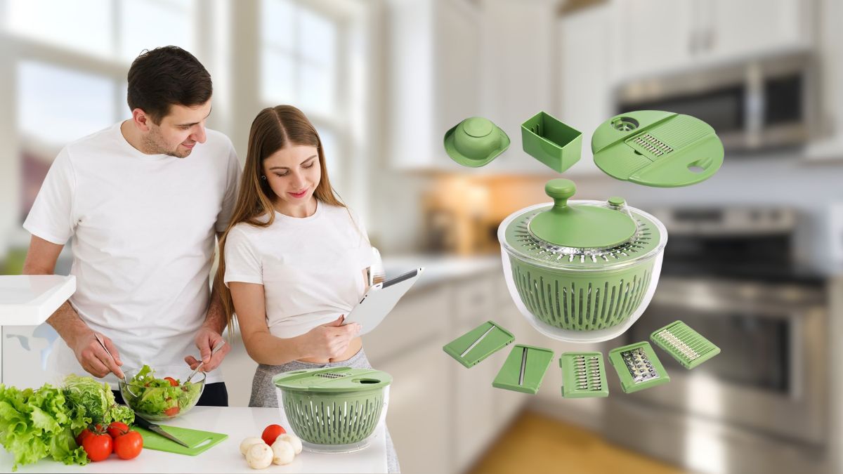 A couple in a kitchen using the SUSTEAS Salad Spinner with various parts like blades and containers around it.