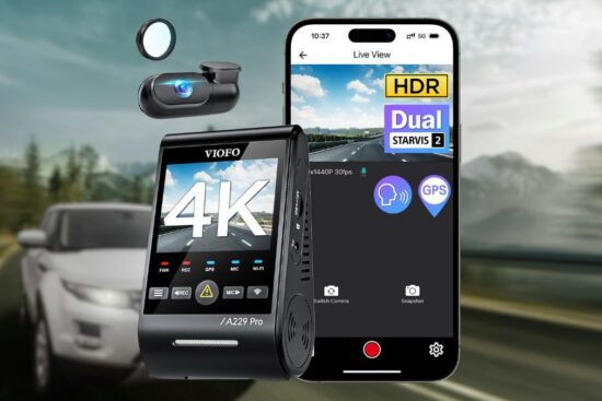 VIOFO A229 Pro 4K HDR Dash Cam with its smartphone app displaying live footage and features like HDR and GPS.