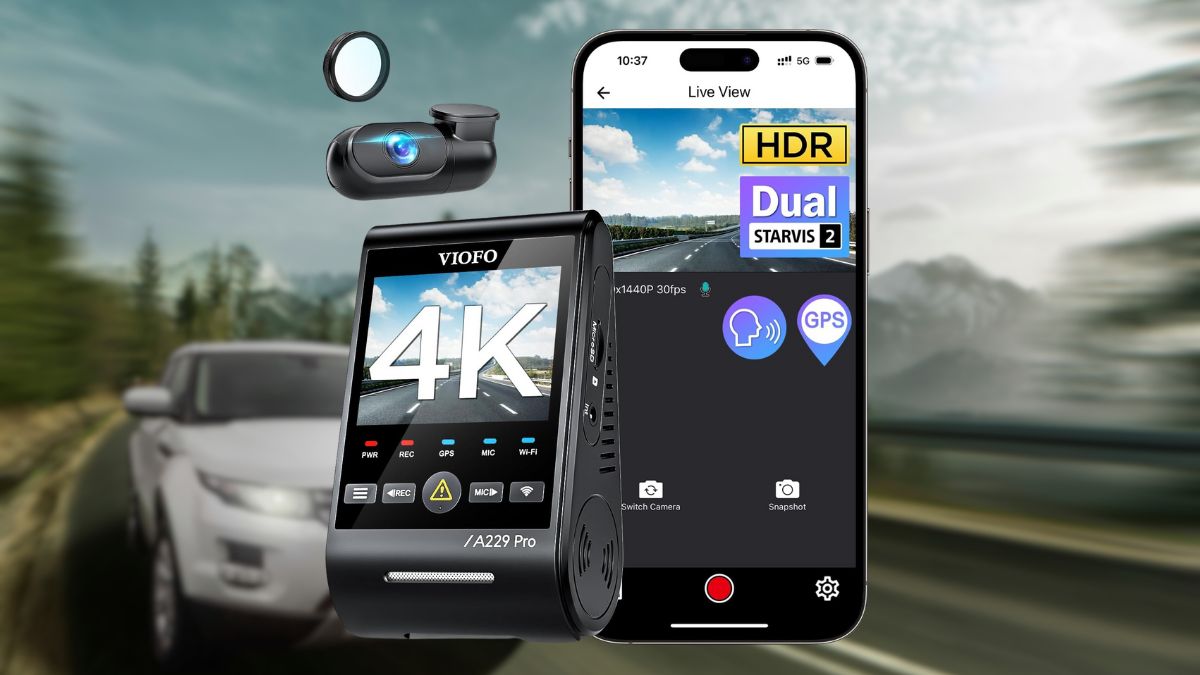 VIOFO A229 Pro 4K HDR Dash Cam with its smartphone app displaying live footage and features like HDR and GPS.