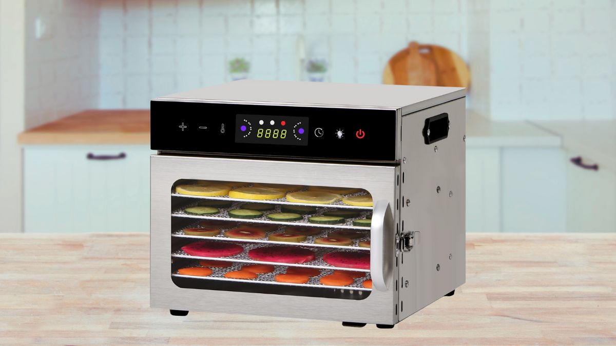 A stainless steel food dehydrator with multiple trays, showing colorful fruits drying inside.