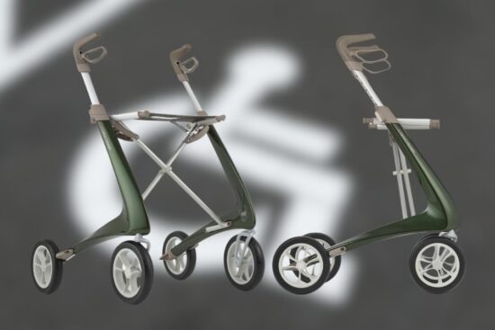 A modern, lightweight rollator with a sleek green frame, large wheels, and an ergonomic handle design.