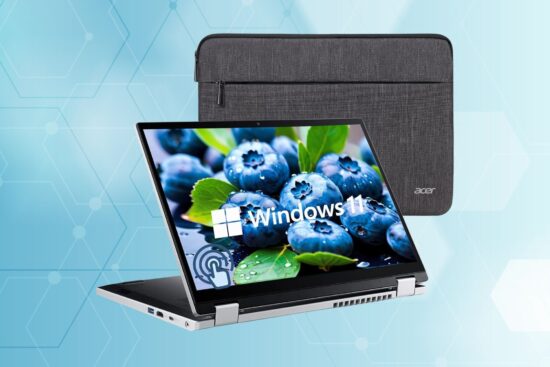 The Acer Aspire 3 Spin 14 2-in-1 laptop with a touch display and Windows 11, paired with a sleek protective sleeve, shown against a modern background.