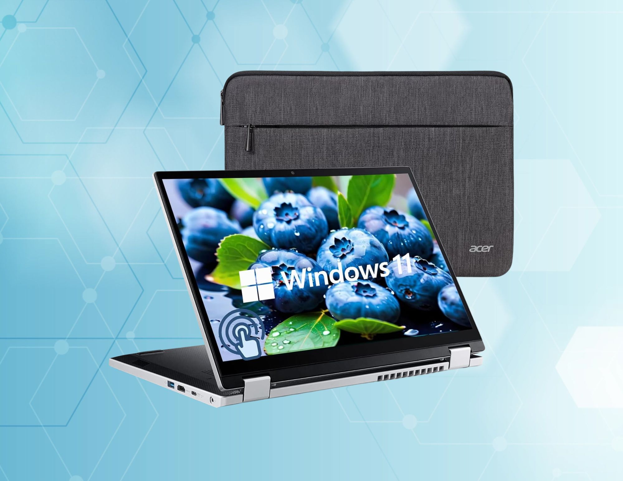 The Acer Aspire 3 Spin 14 2-in-1 laptop with a touch display and Windows 11, paired with a sleek protective sleeve, shown against a modern background.