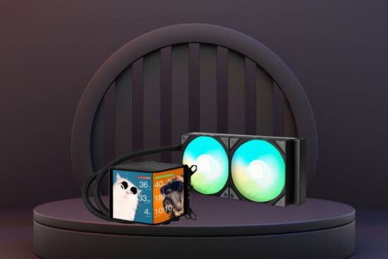 TRYX PANORAMA 240 ARGB AIO 240mm with dual RGB fans and customizable CPU block on a podium.