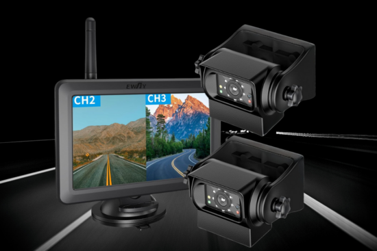 The EWAY 2 Magnetic Wireless Backup Camera system has two cameras and a screen that shows two views at once. It helps make driving and parking safer and easier.