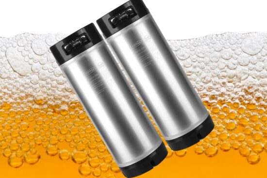 Two TMCRAFT New 5 Gallon Ball Lock Kegs are shown with a background of golden beer and bubbles, highlighting their sleek stainless steel design and durability.