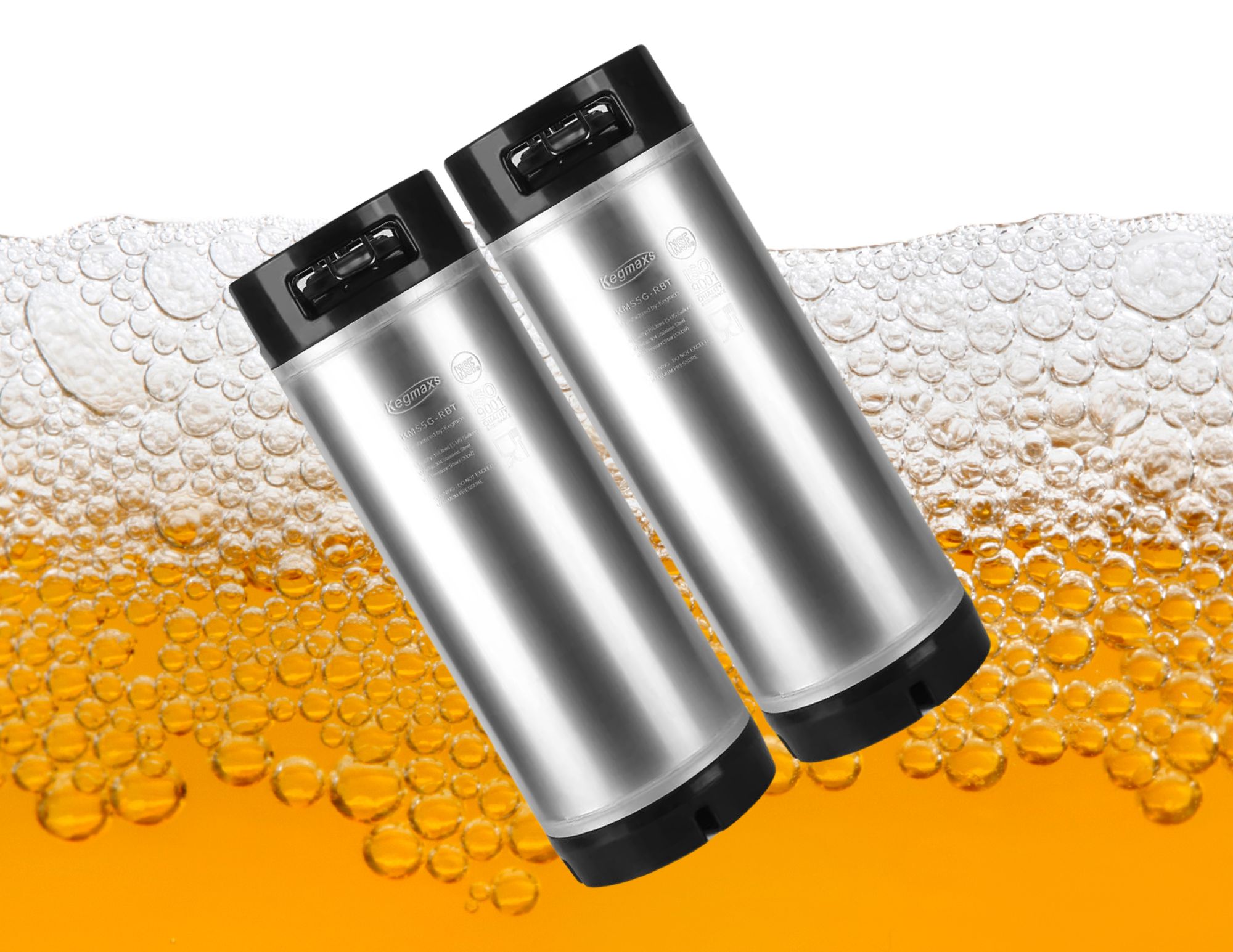 Two TMCRAFT New 5 Gallon Ball Lock Kegs are shown with a background of golden beer and bubbles, highlighting their sleek stainless steel design and durability.