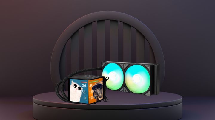 TRYX PANORAMA 240 ARGB AIO 240mm with dual RGB fans and customizable CPU block on a podium.