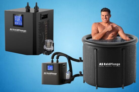 A man is sitting in a black AS ColdPlunge ice bath, smiling, while two black water chillers with LED screens and hoses are shown beside him.