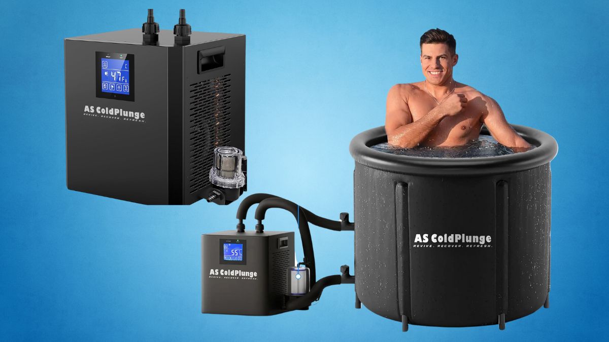 A man is sitting in a black AS ColdPlunge ice bath, smiling, while two black water chillers with LED screens and hoses are shown beside him.