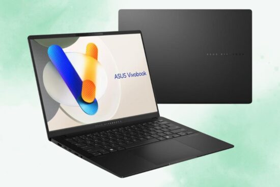 A sleek ASUS Vivobook laptop in black, featuring a high-resolution display, compact design, and a modern keyboard layout.