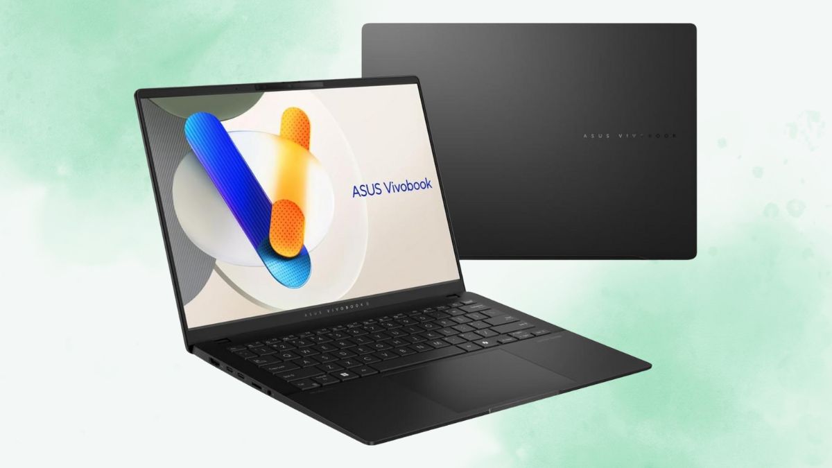 A sleek ASUS Vivobook laptop in black, featuring a high-resolution display, compact design, and a modern keyboard layout.